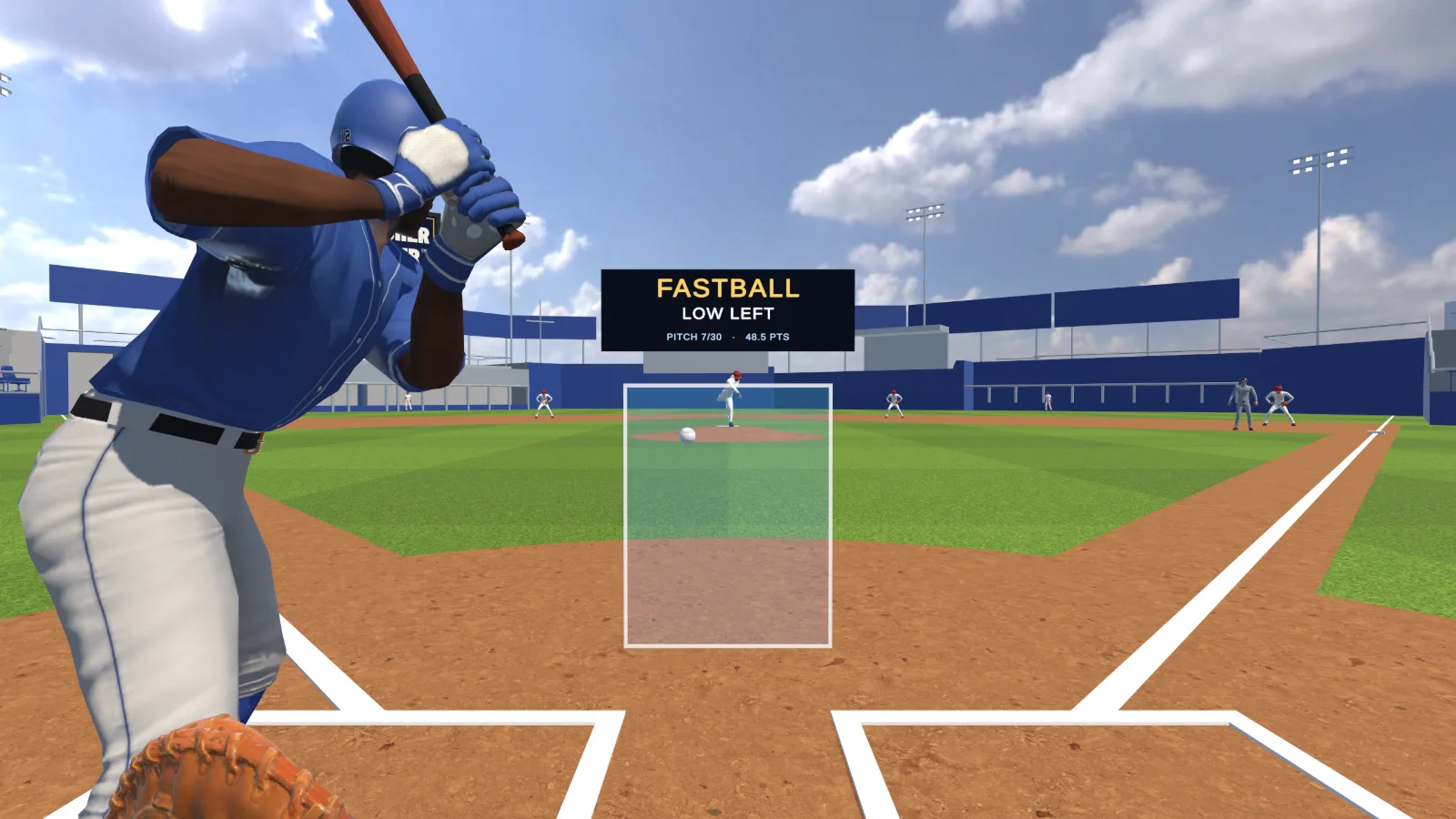 Catcher's-eye view from the crouch: the pitch called on the scoreboard, a fastball on its way, the batter in the box and the mitt raised as the target