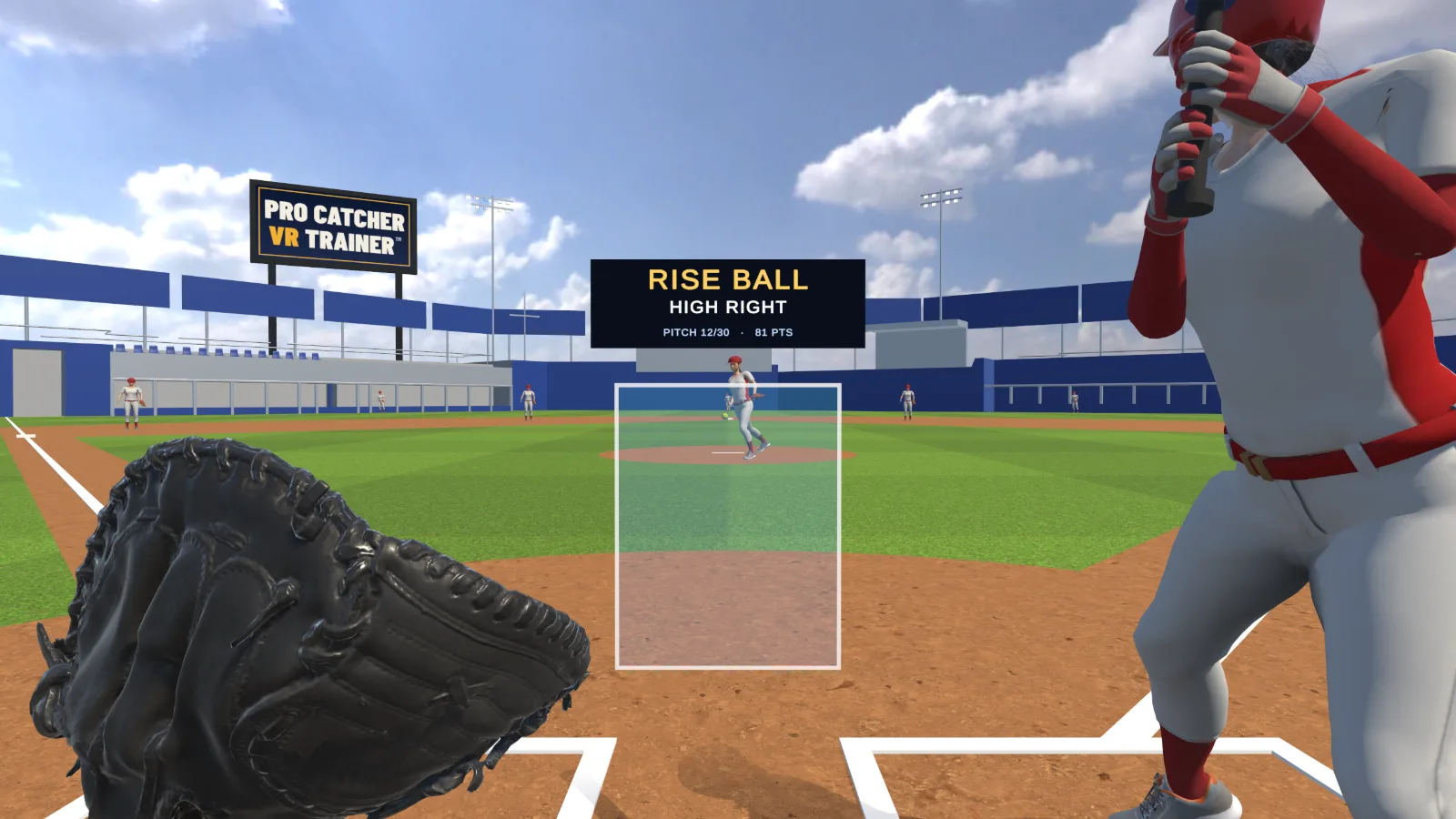 Fastpitch softball: the pitcher releasing a rise ball from the circle, a left-handed batter in the box and a black leather catcher's mitt