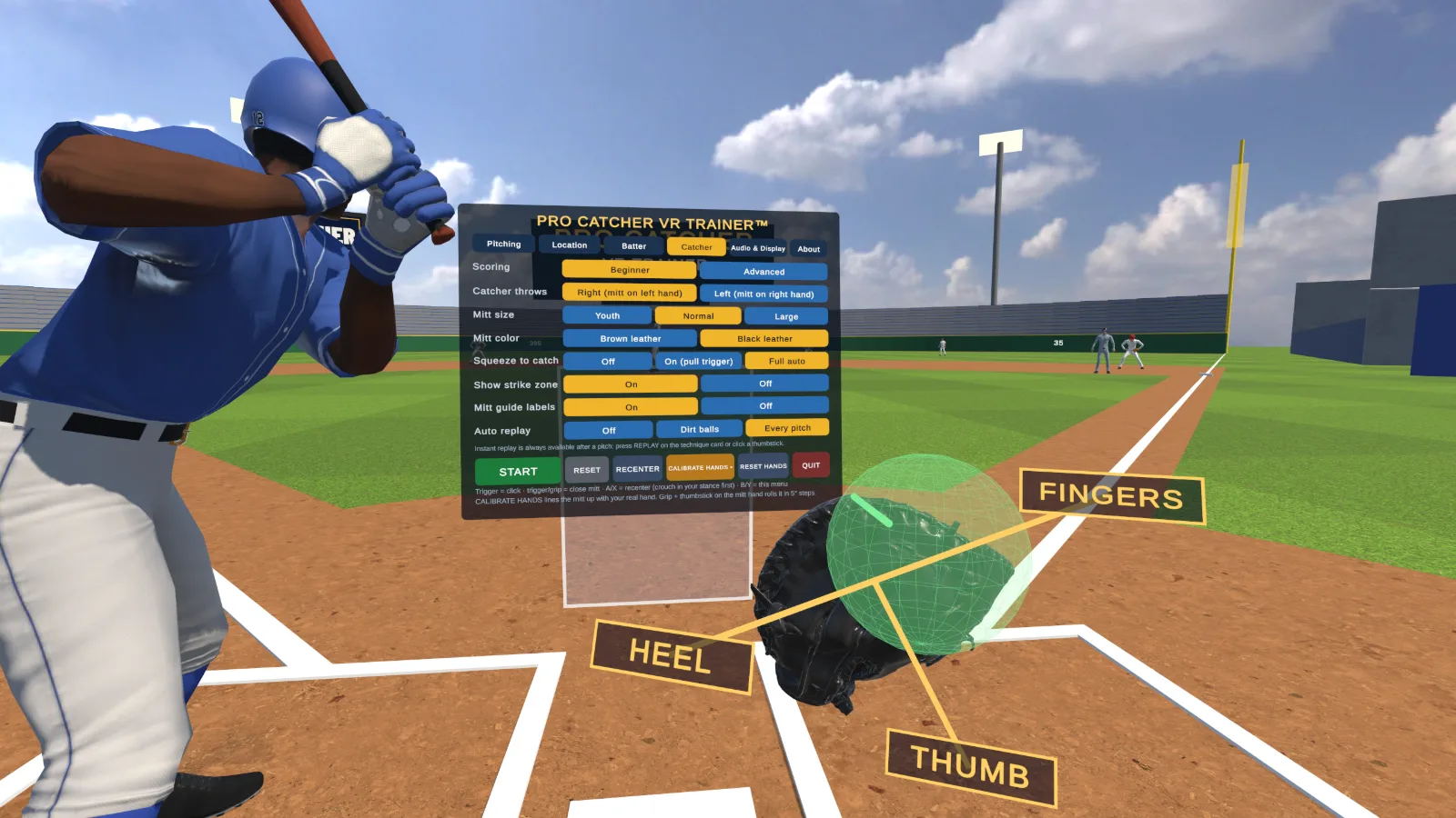 The Catcher menu in the headset, with a black leather mitt showing its FINGERS, HEEL and THUMB guide labels