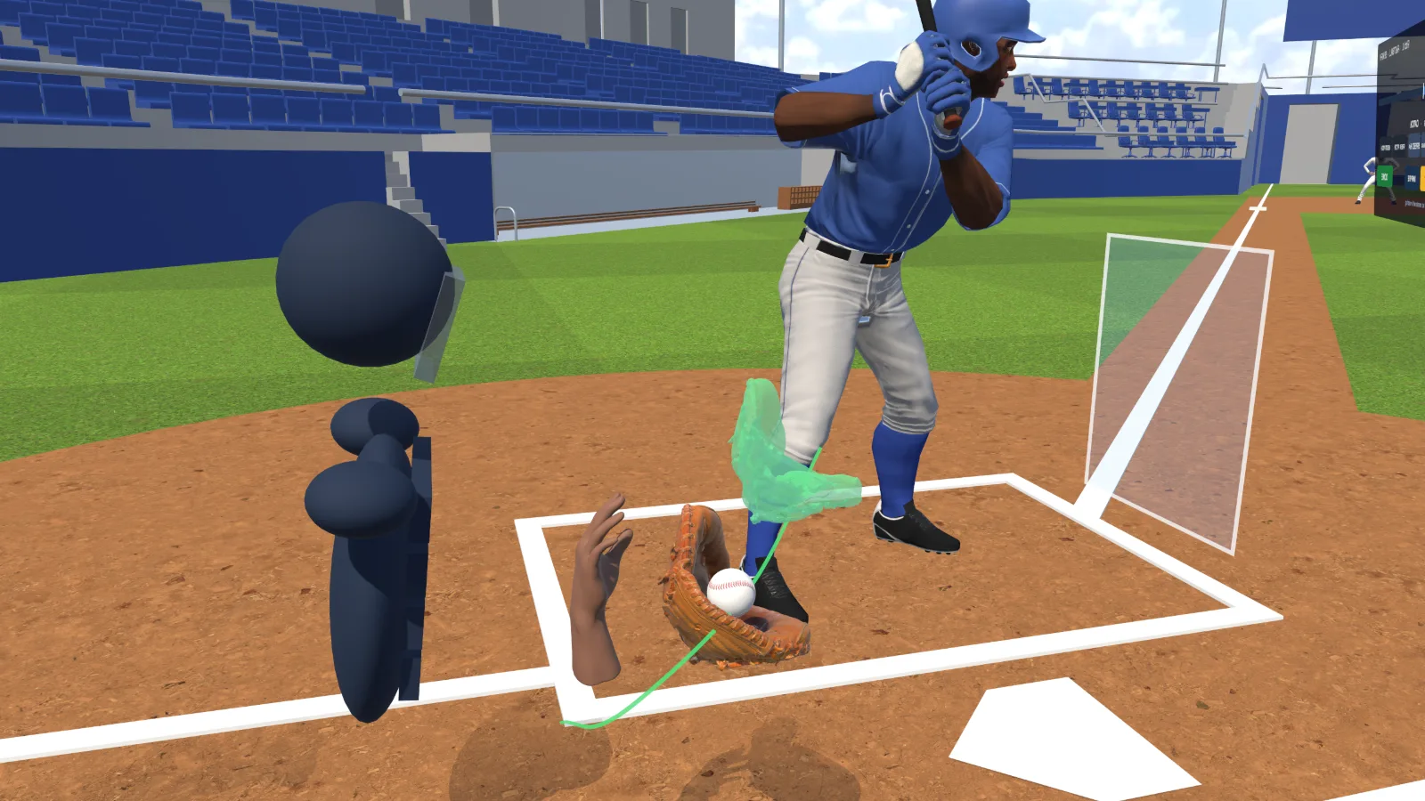 Instant replay from the first-base side: the player's mitt with the ball in it and a green ghost mitt showing where a well-framed catch would be held