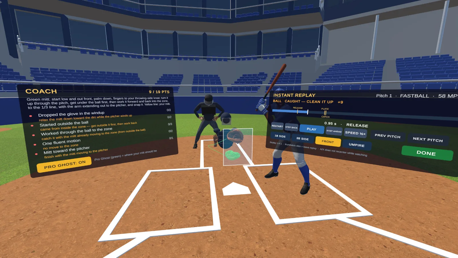 Instant replay from out front, with the coaching card on the left and the replay controls on the right