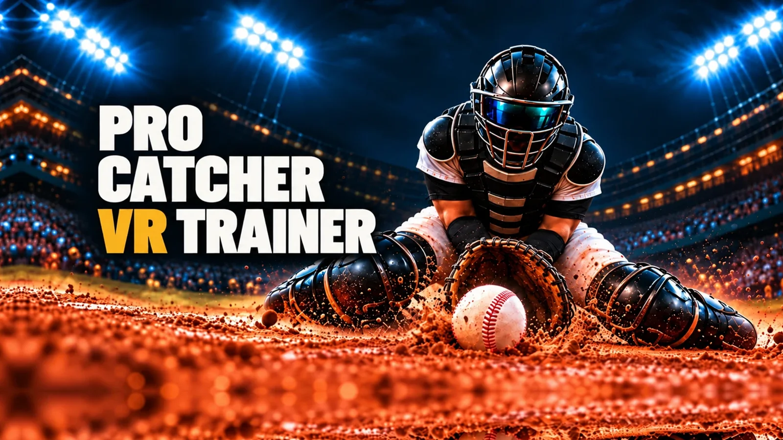 Pro Catcher VR Trainer: a catcher in full gear blocks a pitch in the dirt under stadium lights